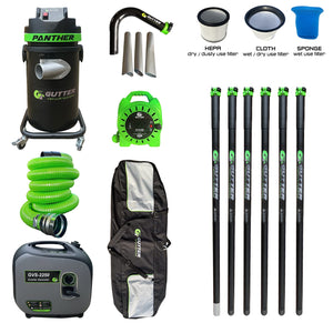1700w Panther Gutter Vacuum 30ft Clamped Carbon Fibre Pole Package with Carbon Rigid Neck. Supplied with 5m Green Wire Reinforced Hose. With Extension Reel and GVS-2250 Inverter Generator