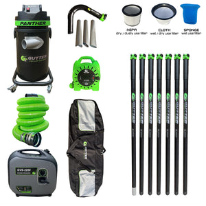 1700w Panther Gutter Vacuum with 35ft Clamped Carbon Pole Package with Carbon Rigid Neck. 5m Green Wire Reinforced hose with GVS-2250 and Extension Reel.