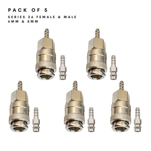 Pack of 5 Series 26 male and female connector sets with 6mm and 8mm hose tails for microbore or minibore hose.