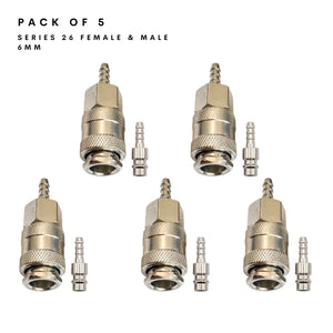Pack of 5 Series 26 female and male connector sets with 6mm hose tails