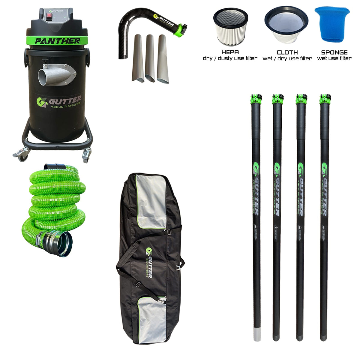 1700w Panther Gutter Vacuum 20ft Clamped Carbon Fibre Pole Package with Carbon Rigid Neck. Supplied with 5m Green Wire Reinforced Hose