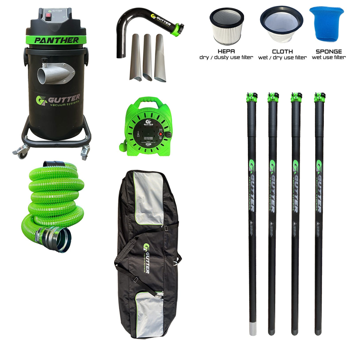 1700w Panther Gutter Vacuum 20ft Clamped Carbon Fibre Pole Package with Carbon Rigid Neck with Extension Reel. Supplied with 5m Green Wire Reinforced Hose.