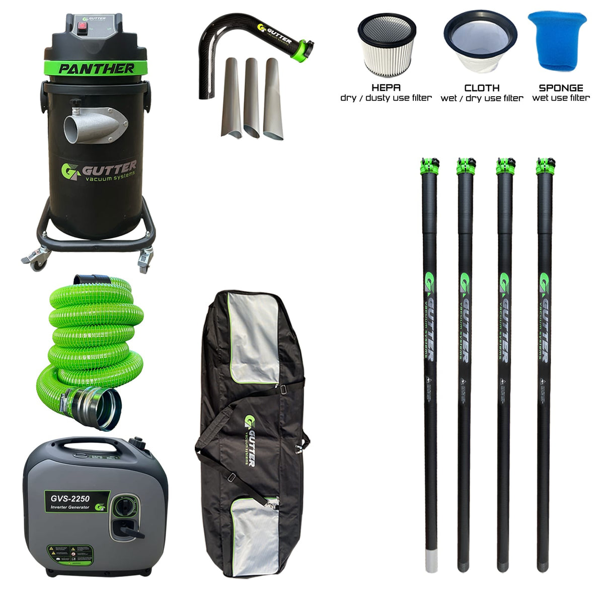 1700w Panther Gutter Vacuum 20ft Clamped Carbon Fibre Pole Package with Carbon Rigid Neck with GVS-2250. Supplied with 5m Green Wire Reinforced Hose.