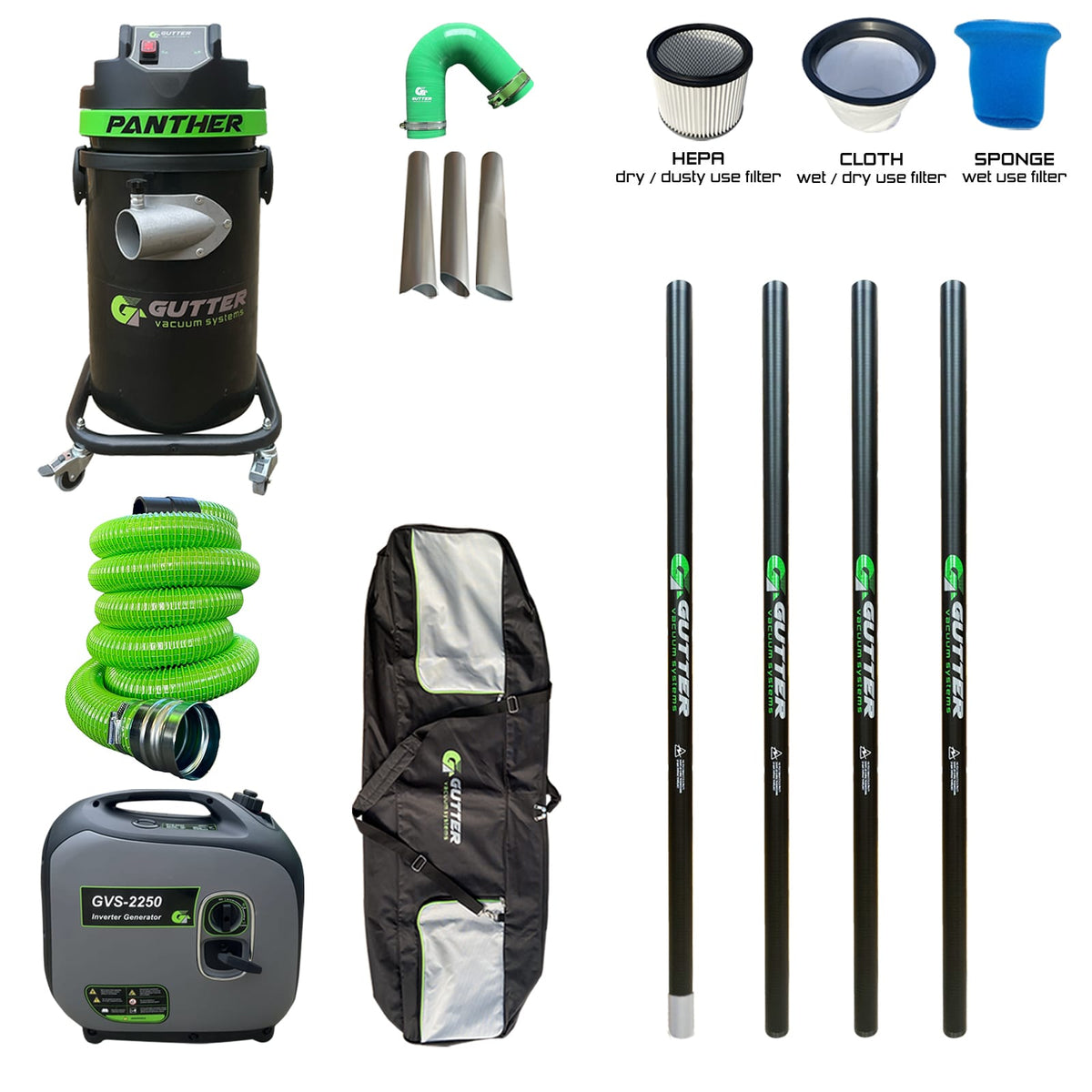 1700w Panther Gutter Vacuum 20ft Push Fit Carbon Fibre Pole Package with Silicone Flexi Neck with GVS-2250