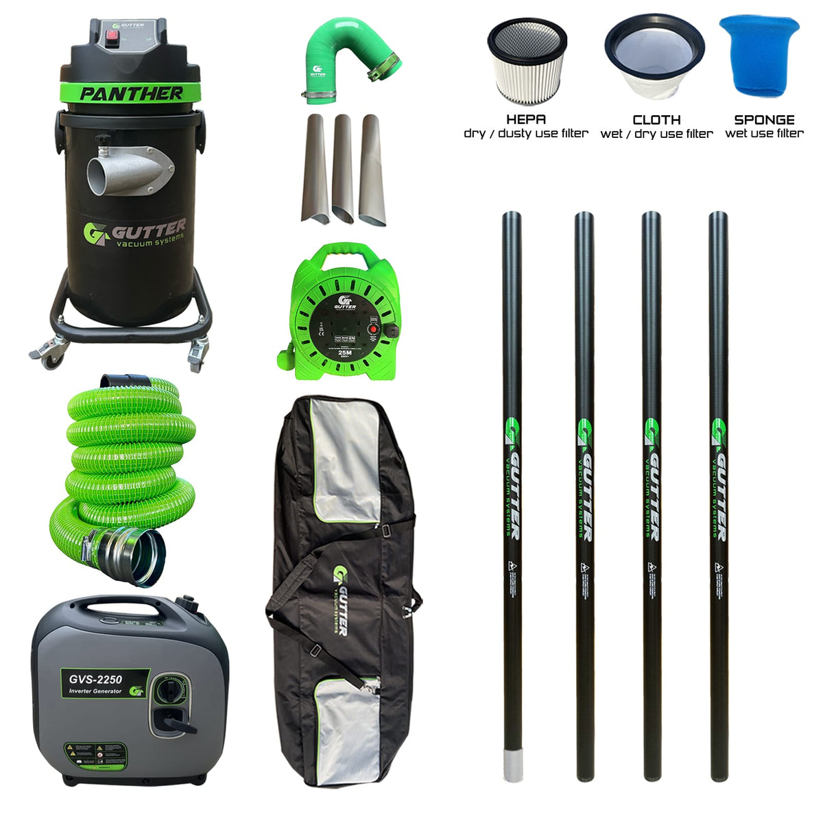 1700w Panther Gutter Vacuum 20ft Push Fit Carbon Fibre Pole Package with Silicone Flexi Neck with GVS-2250 and Extension Reel