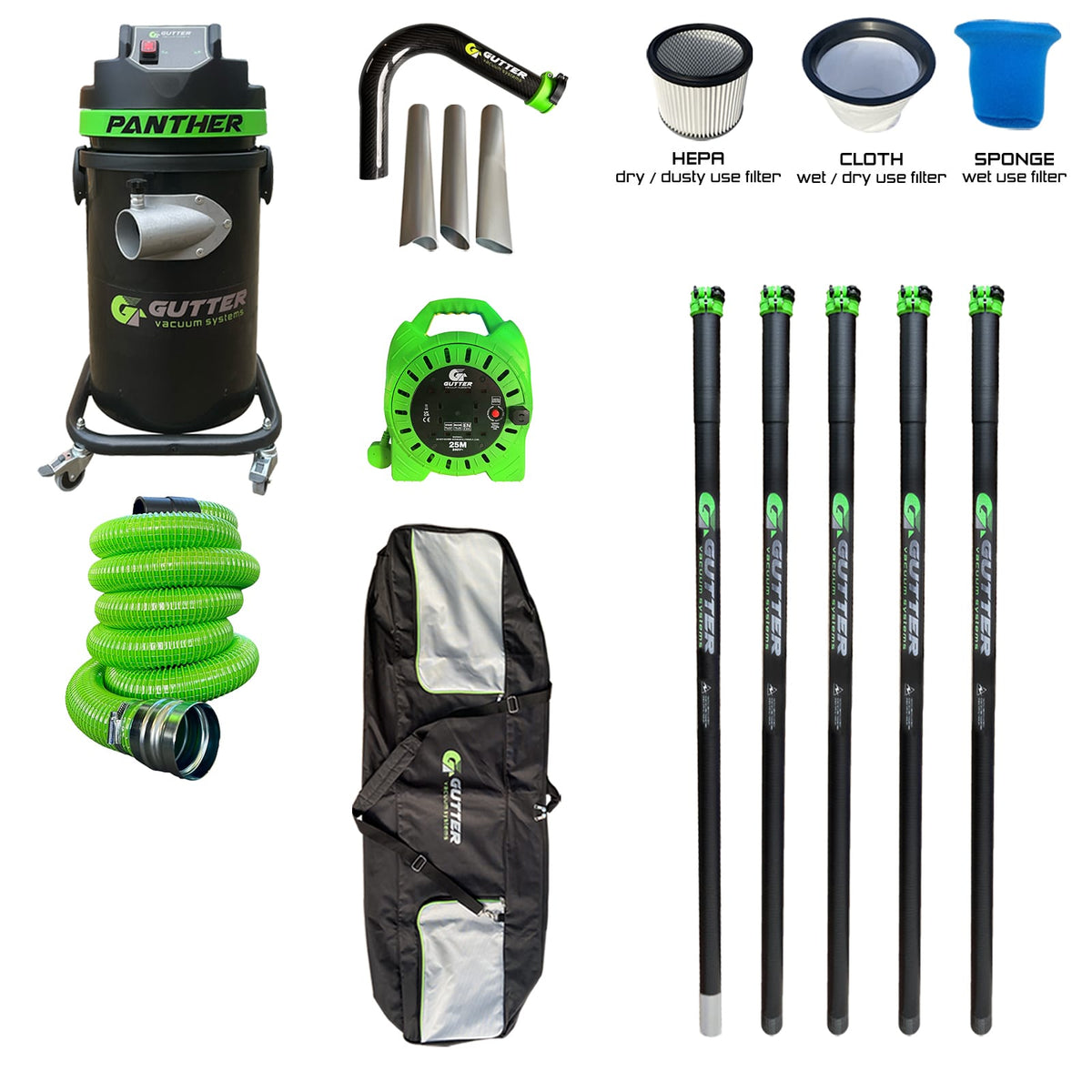 1700w Panther Gutter Vacuum 25ft Clamped Carbon Fibre Pole Package with Carbon Rigid Neck. Supplied with 5m Green Wire Reinforced Hose. With Extension Reel