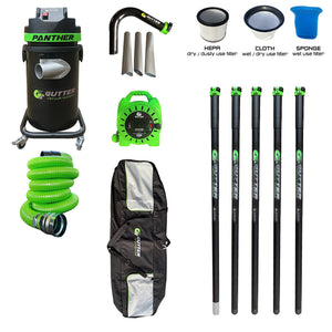 1700w Panther Gutter Vacuum 25ft Clamped Carbon Fibre Pole Package with Carbon Rigid Neck. Supplied with 5m Green Wire Reinforced Hose. With Extension Reel