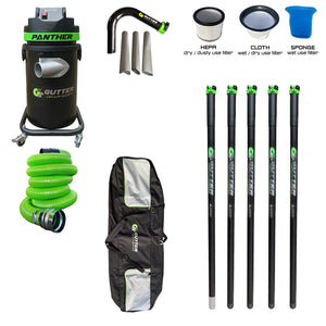 1700w Panther Gutter Vacuum 25ft Clamped Carbon Fibre Pole Package with Carbon Rigid Neck. Supplied with 5m Green Wire Reinforced Hose