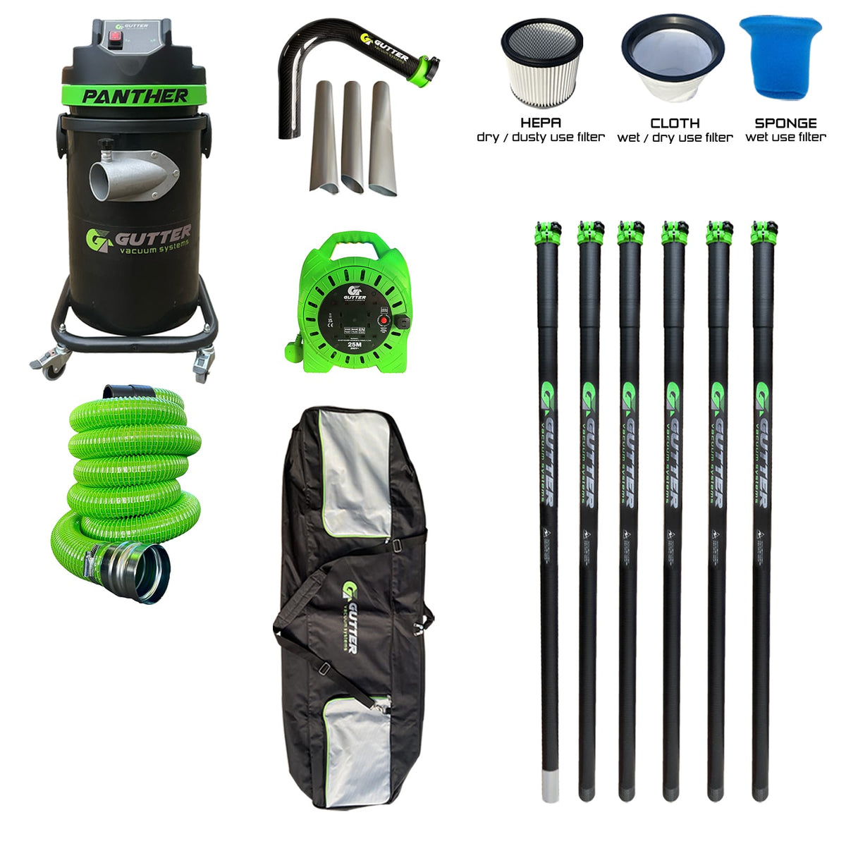 1700w Panther Gutter Vacuum 30ft Clamped Carbon Fibre Pole Package with Carbon Rigid Neck. Supplied with 5m Green Wire Reinforced Hose. With Extension Reel