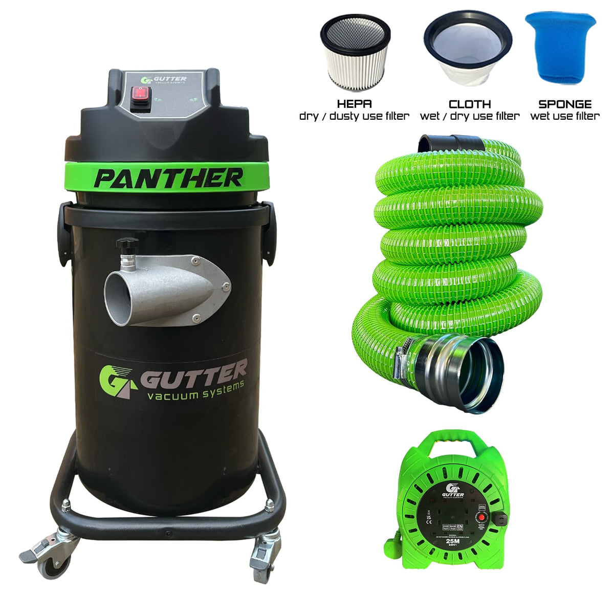 1700w Panther Gutter Vacuum (Vacuum only) with 5M Green GVS Wire Reinforced Hose and Extension Reel