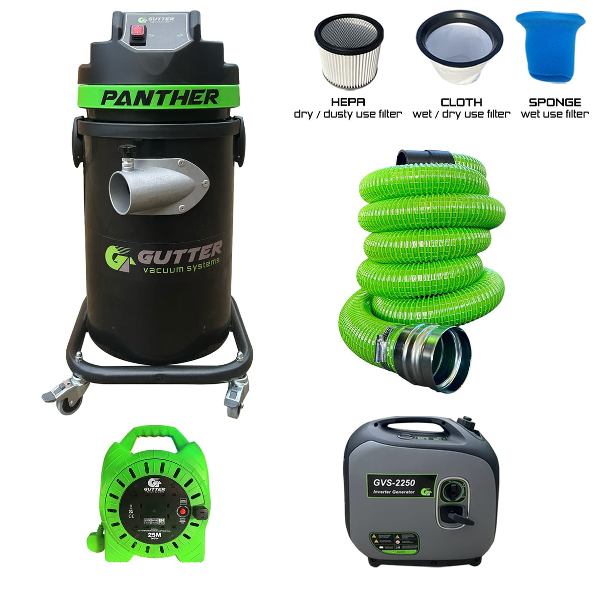 1700w Panther Gutter Vacuum (Vacuum only) with 5M Green GVS Wire Reinforced Hose with Extension Reel and GVS-2250 Inverter Generator