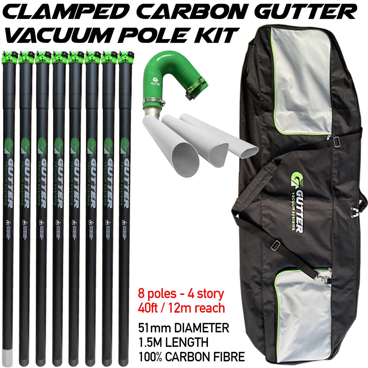 Our Clamped Carbon Fibre Pole Kits with Flexi-Neck has you and heavy gutter clears in mind, a reinforced ring, quick release clamp and internal stop barrier