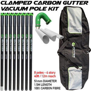 Our Clamped Carbon Fibre Pole Kits with Flexi-Neck has you and heavy gutter clears in mind, a reinforced ring, quick release clamp and internal stop barrier