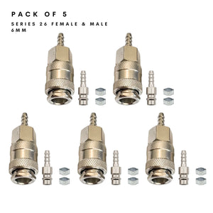 Pack of 5 Series 26 female and male connector sets with 6mm hose tails and o-clips supplied