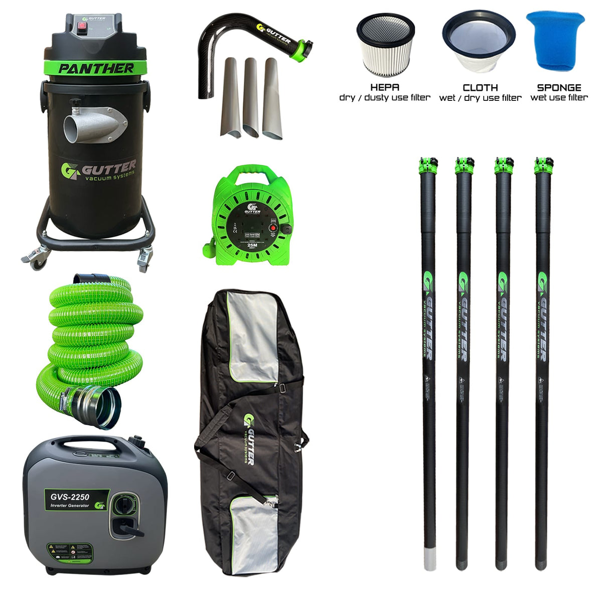 Panther Gutter Vacuum 20ft Clamped Carbon Fibre Poles Package with Carbon Rigid Neck with GVS-2250 and Extension Reel. Supplied with 5M GVS Green Wire Reinforced Hose
