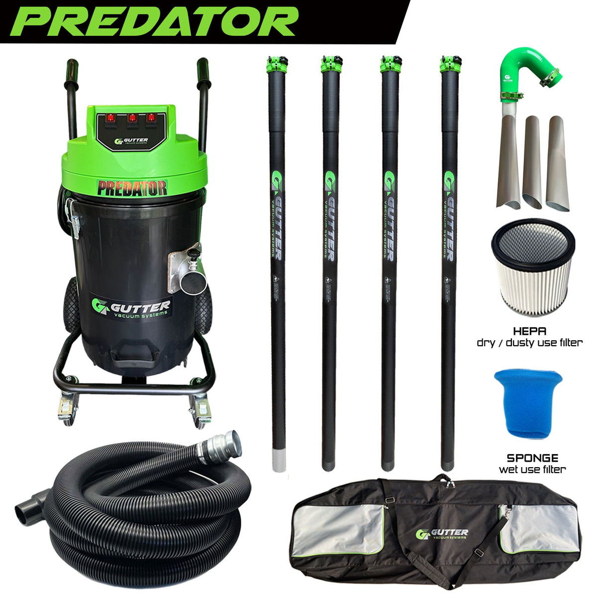 Polypropylene Predator 3600w Gutter Vacuum Systems 20ft Clamped Carbon Poles with Silicone Flexi Neck