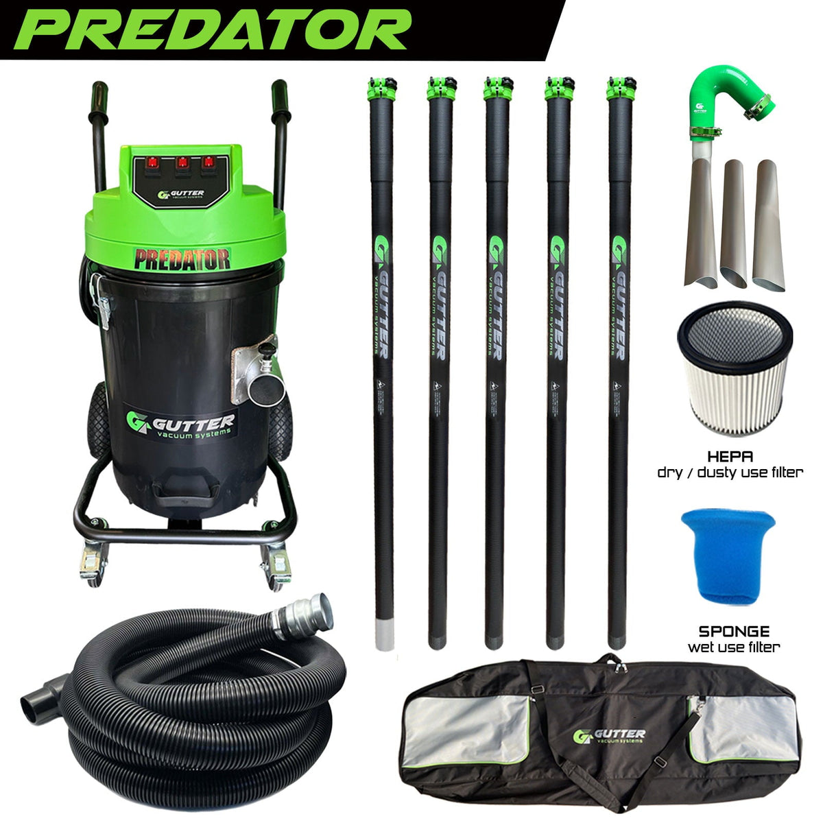 Polypropylene Predator 3600w Gutter Vacuum Systems 25ft Clamped Carbon Poles with Silicone Flexi Neck