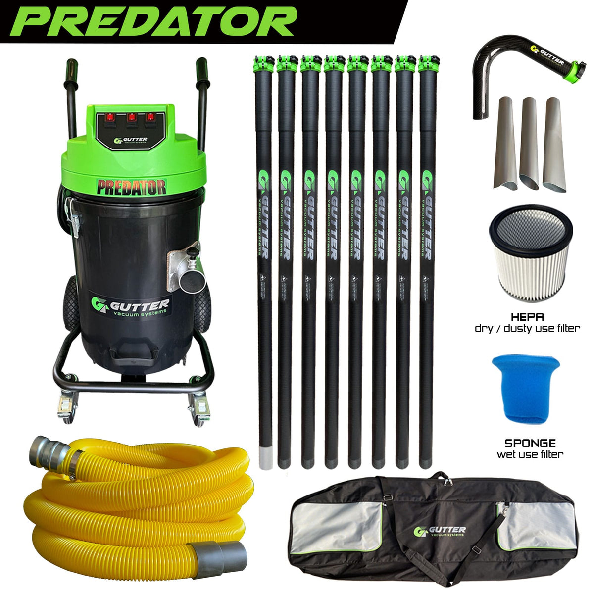 Polypropylene_Predator Clamped Carbon 40ft Pole Package with Carbon Fibre Rigid Neck - 10m Hi-Vis Hose