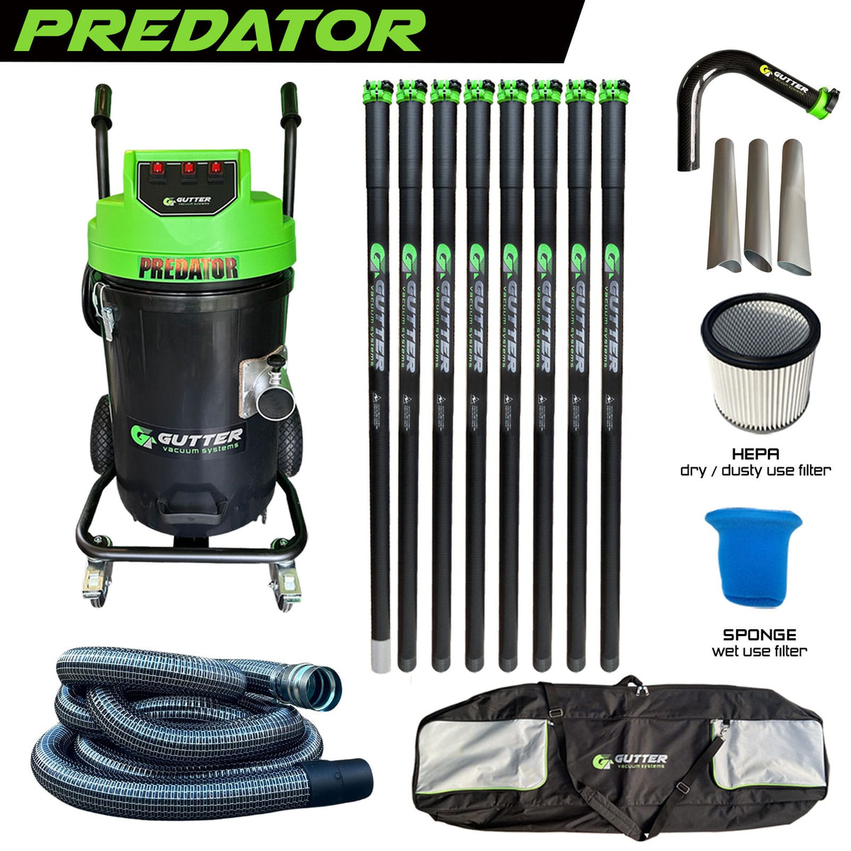 Polypropylene Predator Clamped Carbon 40ft Pole Package with Carbon Fibre Rigid Neck - 10m Wire Reinforced Hose