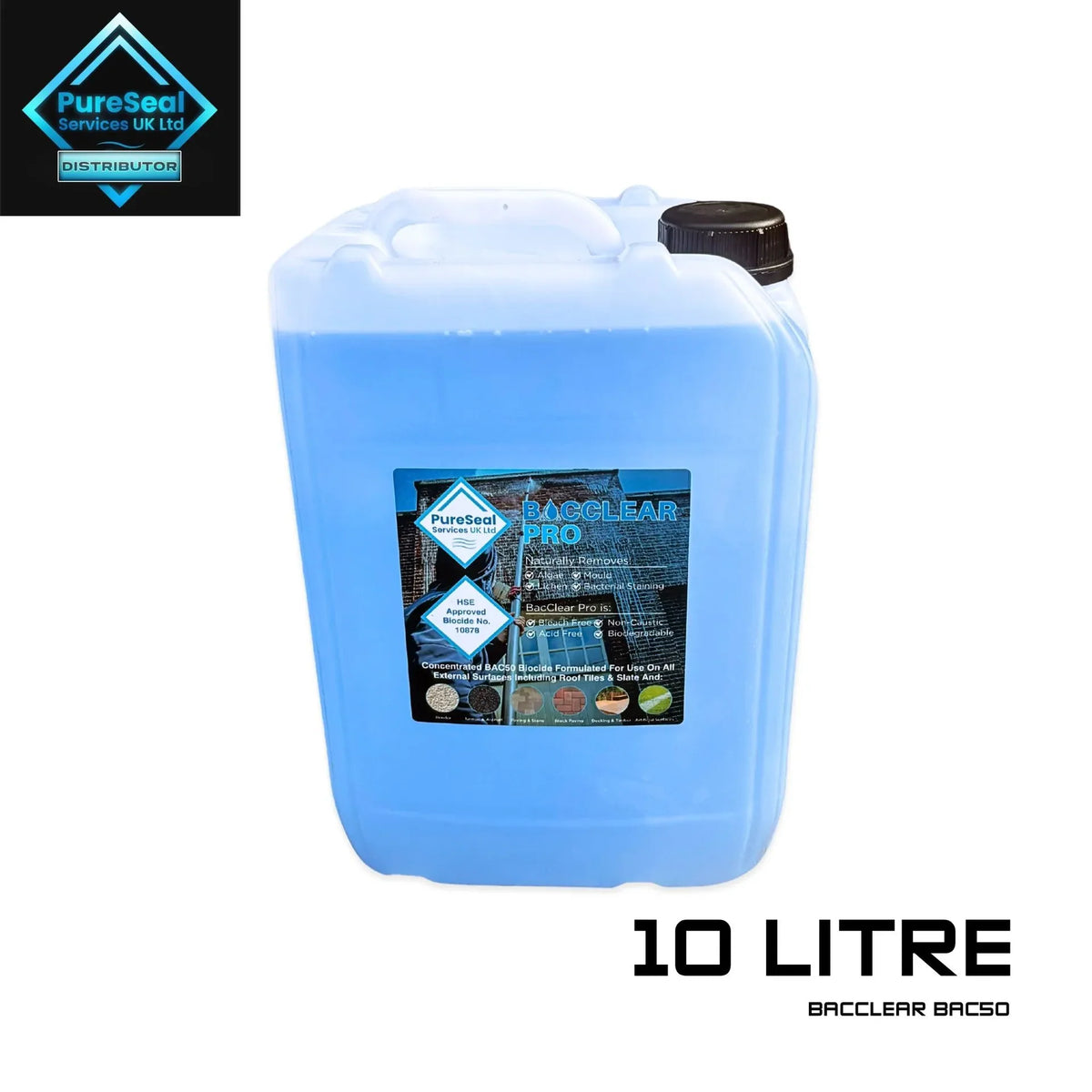 10 litres of PureSeal BacClear BAC50 for use on all external surfaces including roof tiles, slate, render and more.  BacClear Pro naturally removes algae, lichen, mould and bacterial staining.