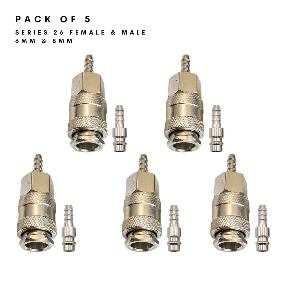 Pack of 5 Series 26 male and female connector sets with 6mm and 8mm hose tails for microbore or minibore hose.