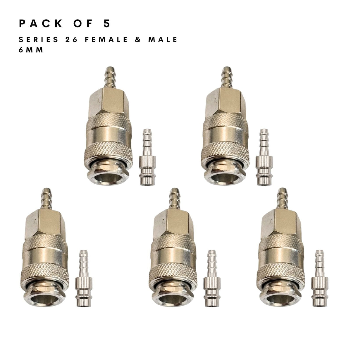 Pack of 5 Series 26 female and male connector sets with 6mm hose tails