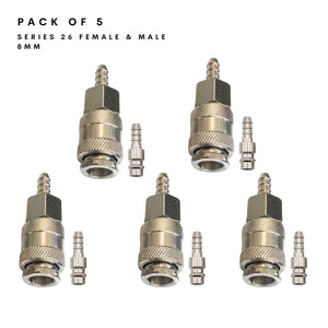 Series 26 connector sets with 8mm hose tails for microbore and minibore hose, suitable for reel hose on van-mounted systems and higher-flow pump setups