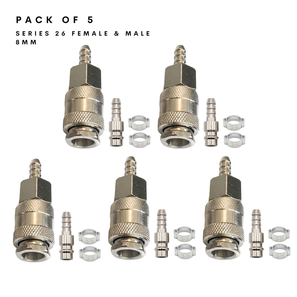 Series 26 connector sets with 8mm hose tails supplied with o-clips for microbore and minibore hose, suitable for reel hose on van-mounted systems and higher-flow pump setups 
